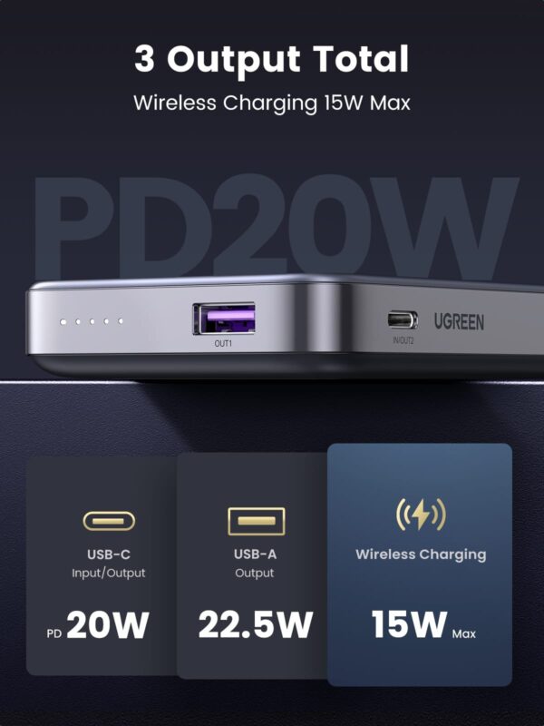 UGREEN 10000mAh 22.5W Kickstand Magnetic Wireless Power Bank Gray – PB206 – 15086
