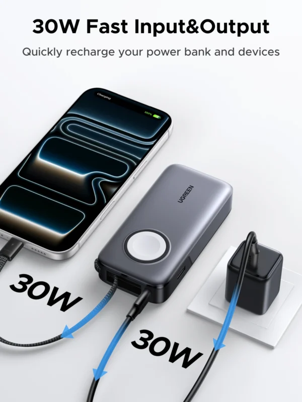 UGREEN 10000mAh 30W + Magnetic Apple Watch & Inbuilt Type-C Cable Fast Charger Power Bank- PB527 – 55434B 