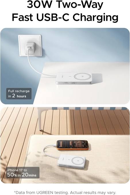 UGREEN 10000mAh 15W Qi2 MagFlow Air Magnetic Power Bank (Lunar White)- PB570 – 75983B